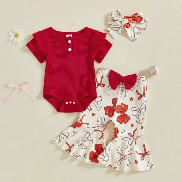 Baby Girls Summer Outfit, Short Sleeve Romper with Bow Print Flare Pants and Headband – Bild 2