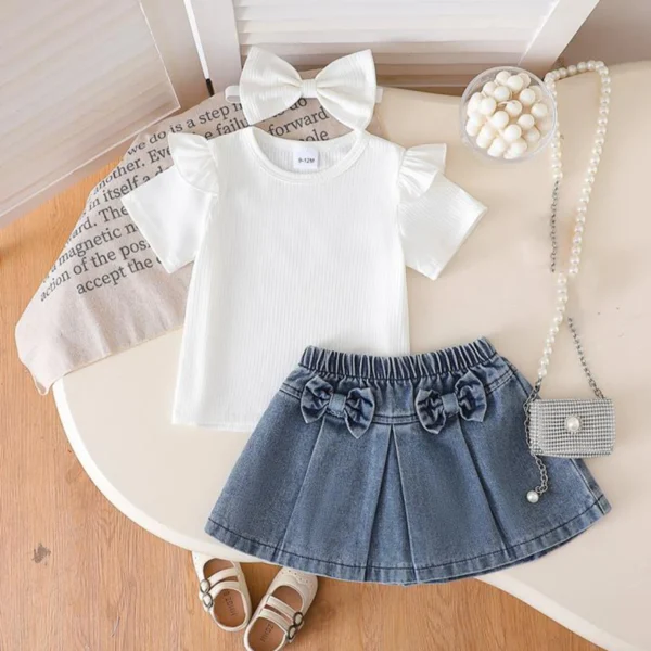 Baby Girl Summer Outfit Solid Color Ruffles Short Sleeve T-Shirt and Bow Denim Skirt Headband Set Casual Cute Clothes – Bild 3
