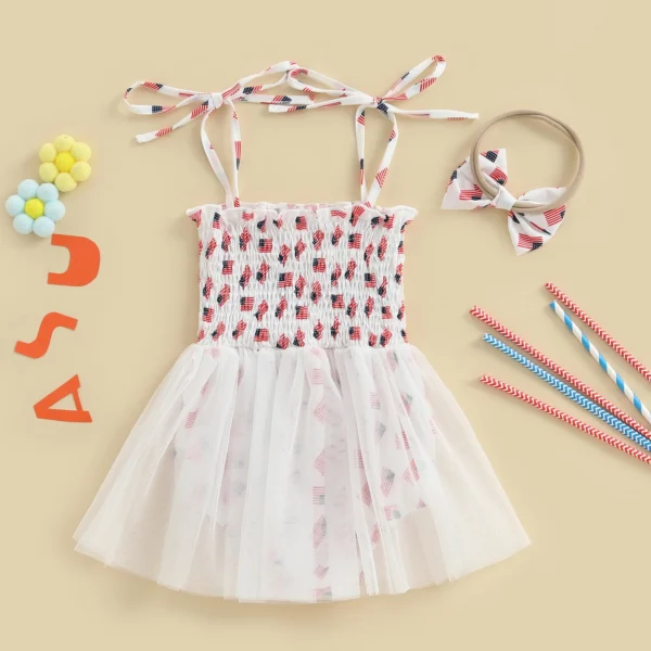 Baby Girl 4th of July Outfit American Flag Tie Shoulder Smocked Romper Dress Bow Headband 2 Piece Summer Set – Bild 4