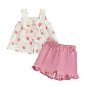 Toddler Girl Summer Outfits Dot Print Two Bowknot Sleeveless Tank Tops Elastic Waist Shorts 2Pcs Clothes Set