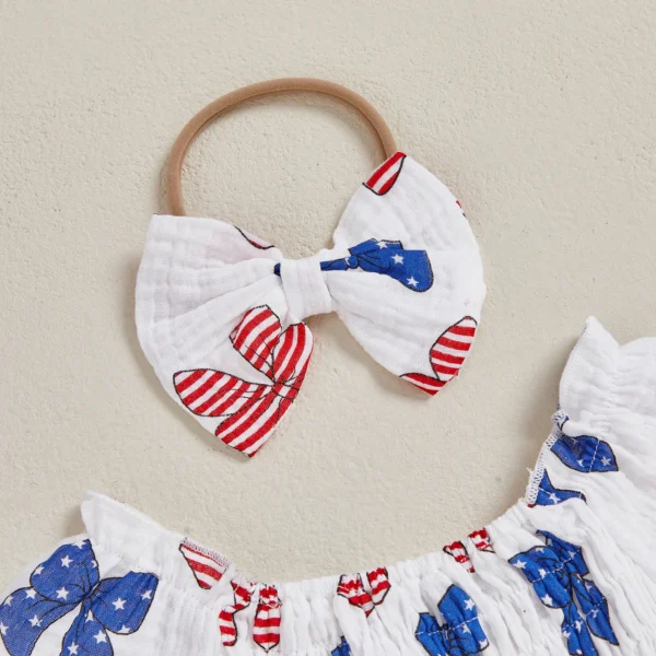 Baby Girls Rompers Dress Independence Day Clothes Bow Print Short Sleeve Summer Bodysuits Jumpsuits with Headband – Bild 2