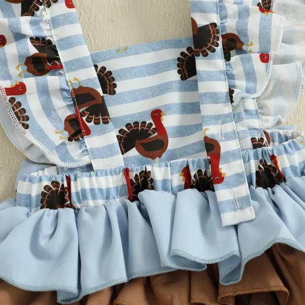 Newborn Girl Outfit, Fly Sleeve Stripes Turkey Print Romper with Bowknot Hairband Thanksgiving Clothes – Bild 4