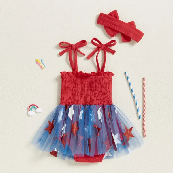 Independence Day Toddler Baby Girl 4th of July Bodysuit Dress Letter Embroidery Star Print Sleeveless Tie Strap Jumpsuit – Bild 3