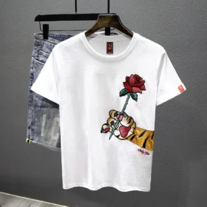 Rose Embroidered Short-sleeved T-shirt Men's 2025 New Summer Casual Loose Round Neck Half-sleeved Top