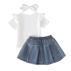 Baby Girl Summer Outfit Solid Color Ruffles Short Sleeve T-Shirt and Bow Denim Skirt Headband Set Casual Cute Clothes