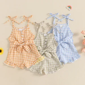 Kids Girls Summer Cami Jumpsuit Sleeveless Button Up Ruffle Trim Plaid Overalls with Belt Clothes