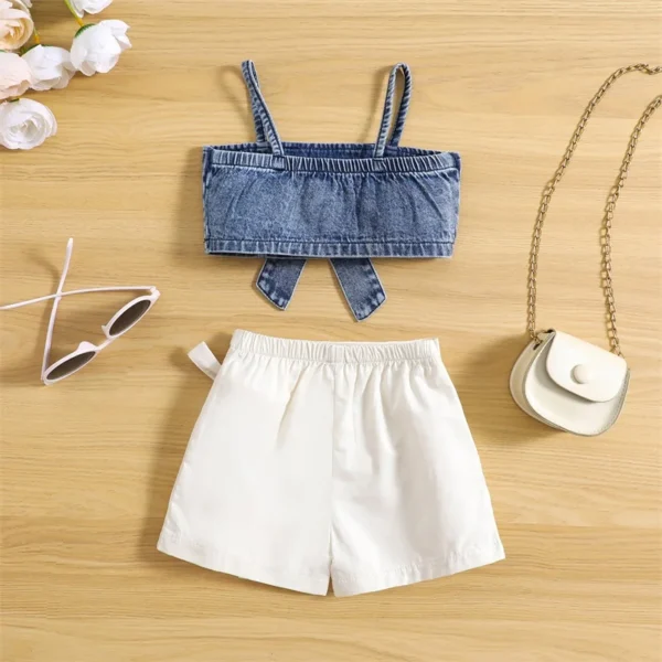 Summer Kids Girls Outfit Solid Color Sleeveless Bow Denim Camisole and Elastic Casual Skirt Shorts Clothes Set – Bild 3