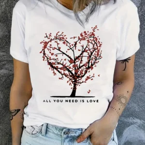 Vibrant Heart Graphic T-Shirt - Comfortable Short Sleeve Crew Neck Tee With Adorable Cartoon Design - Perfect For Casual Daily W