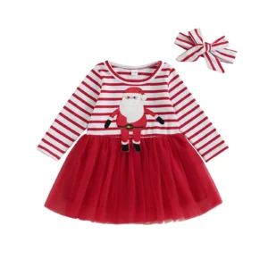 Toddler Girl Christmas A Line Dress Santa Claus Embroidery Stripe Print Round Neck Long Sleeves Dress
