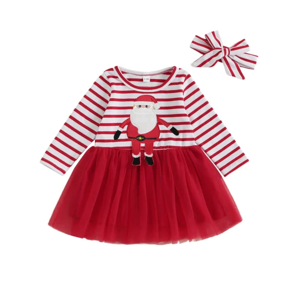 Toddler Girl Christmas A Line Dress Santa Claus Embroidery Stripe Print Round Neck Long Sleeves Dress