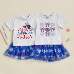 Kids Girls 4th of July Skirt Outfits Short Sleeve Bow/Letter Print Tops A-line Tulle Skirt Set