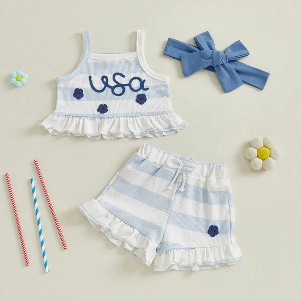 Independence Day Baby Girl Fourth of July Outfits Sleeveless Ruffle Tank Tops + Shorts Set Toddler Clothes – Bild 2