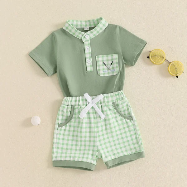 Summer Kids Boys Shorts Sets Short Sleeve Golf Embroidery Tops and Plaid Shorts Sets Clothes – Bild 4