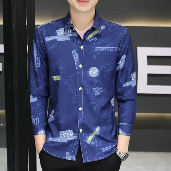 2025 New Autumn Men Long-sleeved Shirt Korean Style Slim and Handsome Prints Start to Be Iron-free and Anti-wrinkle Top – Bild 4