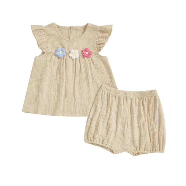 Girls 2 Piece Outfits Flying Sleeve O Neck 3D Flower Tops and Cotton Linen Shorts Sets – Bild 3