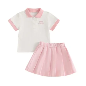 Kids Toddler Girls 2Pcs Summer Outfits Short Sleeve Embroidery Tops + Pleated Skirt Set Baby Clothes