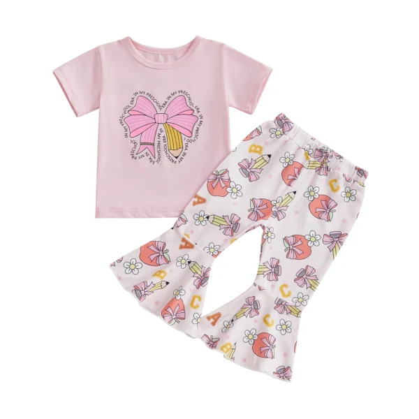 Adorable Pink Back to School T-Shirt and Bell Bottom Pants Set - Sizes 2-3Y to 5-6Y