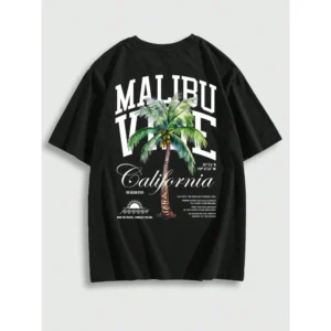 Men's Summer Palm Tree Letter Print T-Shirt Short Sleeve Loose Comfortable Casual Top