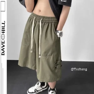 Pure Cotton Tool Shorts Men Summer Japanese Five-point Loose Casual Wide-leg Over-knee Mid-trouser Pants