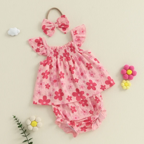 2Pcs Baby Girl Summer Outfits Fly Sleeve Floral Print Tank Tops + Shorts Set Toddler Clothes – Bild 3