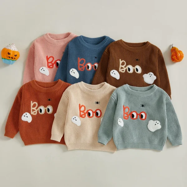 Baby Halloween Sweater Letter Ghost Embroidery Ribbed Crew Neck Long Sleeve Knitted Tops for Fall