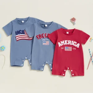 Independence Day Infant Baby Boys 4th of July Romper Loose Fit Flag Letter Embroidery Crew Neck Short Sleeve Newborn Jumpsuit