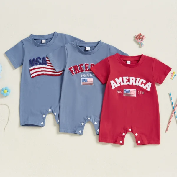 Independence Day Infant Baby Boys 4th of July Romper Loose Fit Flag Letter Embroidery Crew Neck Short Sleeve Newborn Jumpsuit