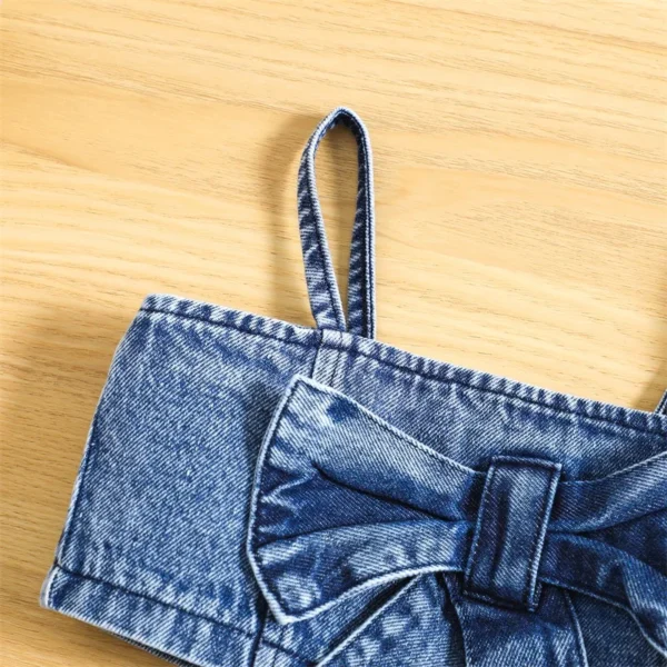 Summer Kids Girls Outfit Solid Color Sleeveless Bow Denim Camisole and Elastic Casual Skirt Shorts Clothes Set – Bild 4