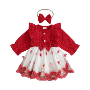 Baby Girls Autumn A-line Dress Long Sleeve O Neck Floral Tulle Patchwork Dress with Headband