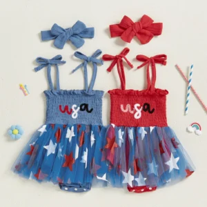 Independence Day Toddler Baby Girl 4th of July Bodysuit Dress Letter Embroidery Star Print Sleeveless Tie Strap Jumpsuit