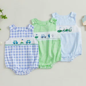 Infant Baby Boy Romper for Summer Loose Fit Golf Embroidery Plaid Smocked Crew Neck Sleeveless Infant Jumpsuit