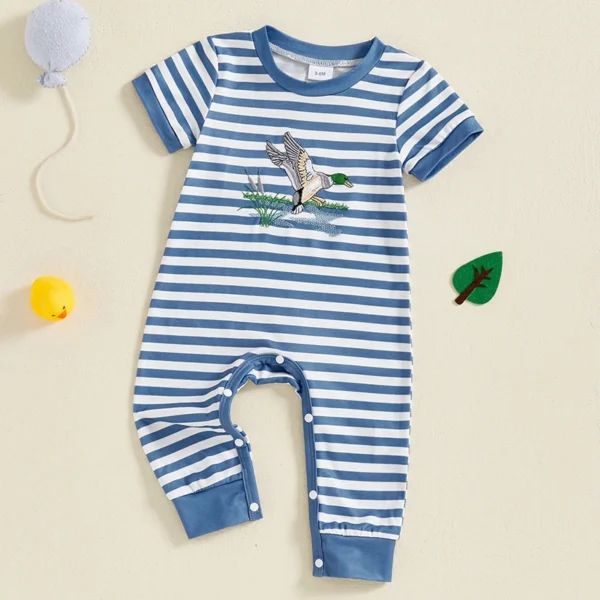 Infant Baby Boys Summer Striped Jumpsuit Short Sleeve Round Neck Duck Embroidery Casual Romper – Bild 4