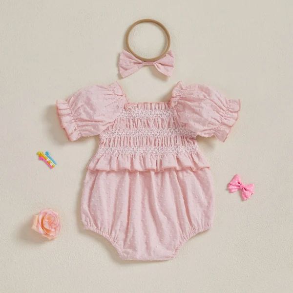 Baby Girls Summer Romper Short Sleeve Off Shoulder Ruched Jumpsuit with Headband – Bild 2