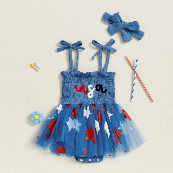 Independence Day Toddler Baby Girl 4th of July Bodysuit Dress Letter Embroidery Star Print Sleeveless Tie Strap Jumpsuit – Bild 6
