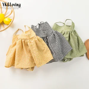 Infant Baby Girl Bodysuit Dress Plaid Pattern Sleeveless Spaghetti Straps Infant Jumpsuit for Summer