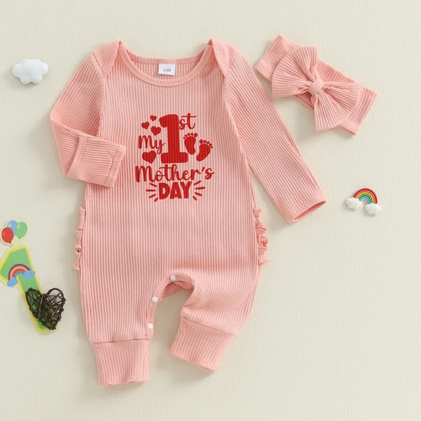 Spring Infant Baby Girl Day Outfits Long Sleeve Round Neck Letter Print Jumpsuit with Headband Set Newborn Clothes – Bild 2
