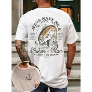 Men's Casual Fishing Print Pattern T-Shirt Fashionable Design For Daily Wear Simple Style Top Tee