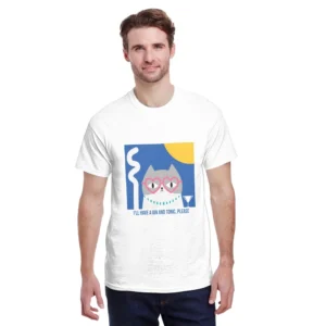 Men's Pure Cotton Cat Round Neck Short Sleeve Shirt 150g Breathable Comfortable Embossed Pattern Top Tee