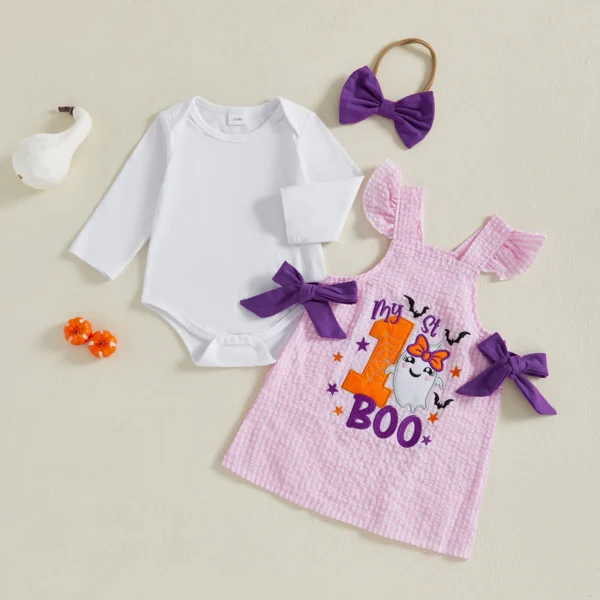 Baby Girl Halloween Outfit Solid Long Sleeve Romper Pumpkin/Ghost Plaid Flying Sleeve Overall Dress Bow Headband 3Pcs Set – Bild 2