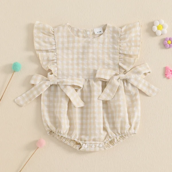 Baby Girl Plaid Print Romper Flutter Sleeves Round Neck Bow Jumpsuit for Summer Beach – Bild 2