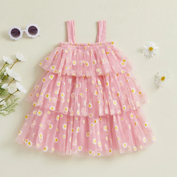Kids Girls Summer Sweet Cami Dress Sleeveless Daisy Print Tiered A-line Tulle Dresses Clothes – Bild 3