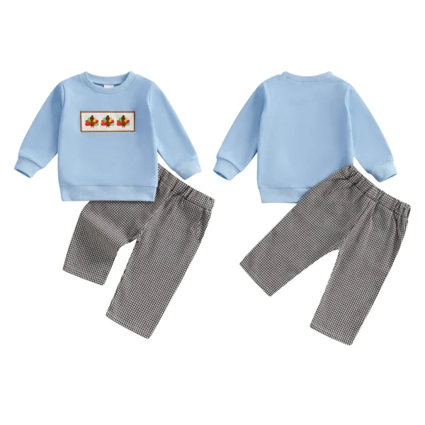 Toddler Boys Thanksgiving Outfits Turkey Embroidery Sweatshirts and Plaid Long Pants 2Pcs Clothes Set – Bild 3