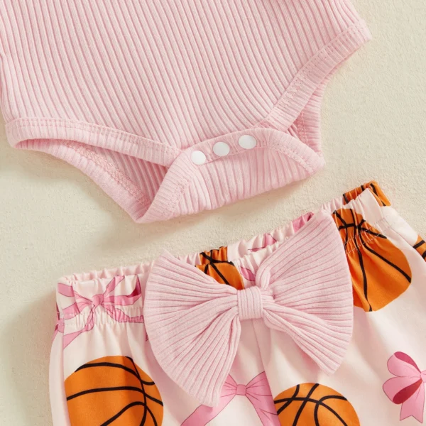 Baby Girls Summer Outfit, Short Sleeve Romper with Bow Print Flare Pants and Headband – Bild 5