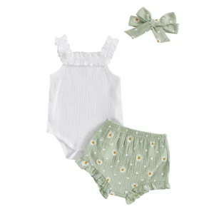 Baby Girls Summer Outfit Sleeveless Ruffle Strap Romper + Daisy Shorts + Headband Set Infant Clothes