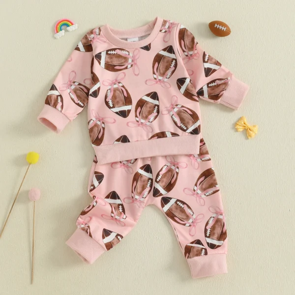 Toddler Baby Girl Fall Outfits Rugby Bow Print Crew Neck Long Sleeve Sweatshirt with Pants 2 Pcs Set – Bild 2