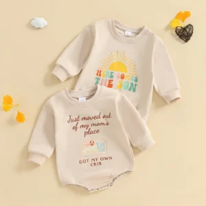 Baby Boy Romper, Long Sleeve Crew Neck Letters Crib/Sun Print Fall Bodysuit Clothes for Casual Daily