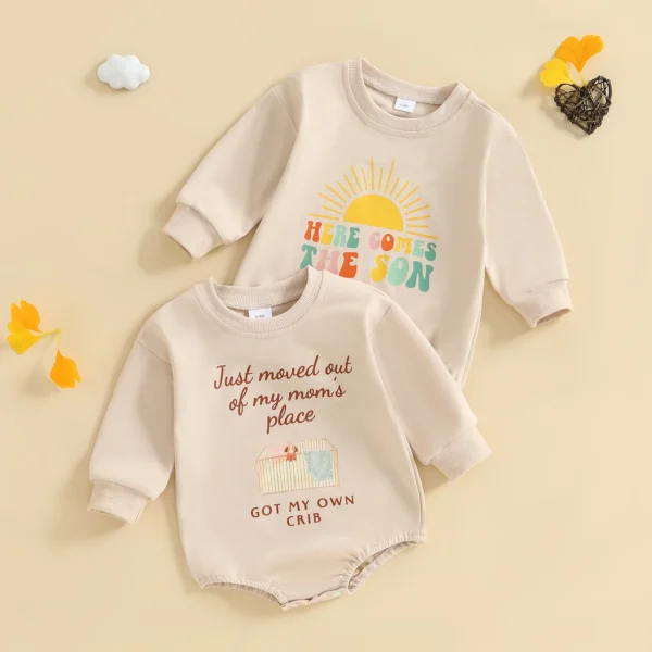 Baby Boy Romper, Long Sleeve Crew Neck Letters Crib/Sun Print Fall Bodysuit Clothes for Casual Daily
