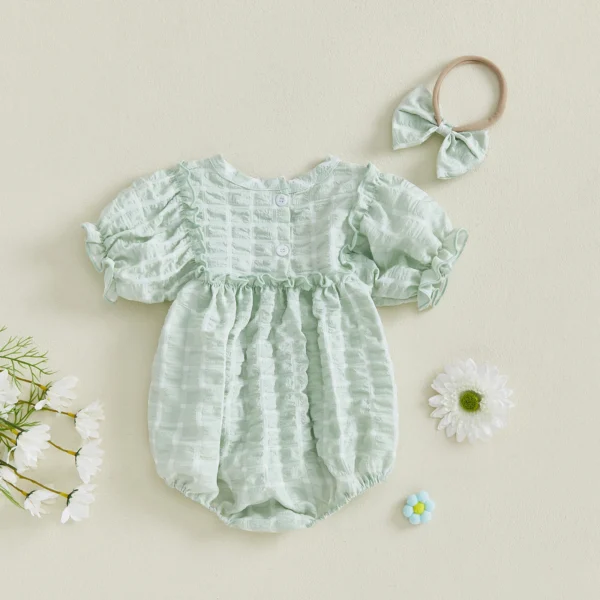 Baby Girl Summer Romper Solid Color Short Sleeve Jumpsuit with Cute Headband Set 2 Piece Clothes Outfits – Bild 2