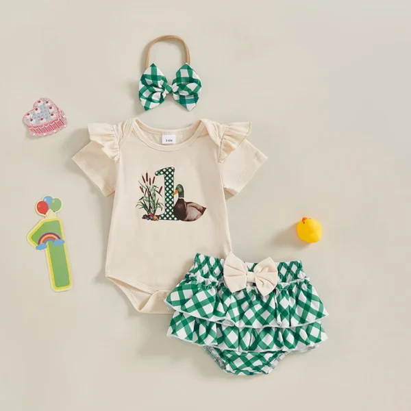Summer Infant Baby Girl Summer Outfits Short Sleeve Duck Print Romper + Ruffle Shorts + Headband Set Newborn Clothes – Bild 2