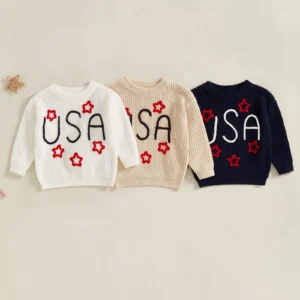 Independence Day Kids Toddlers Boys Girls 4th of July Sweater Stylish Letter Star Embroidery Long Sleeve Knitted Pullover